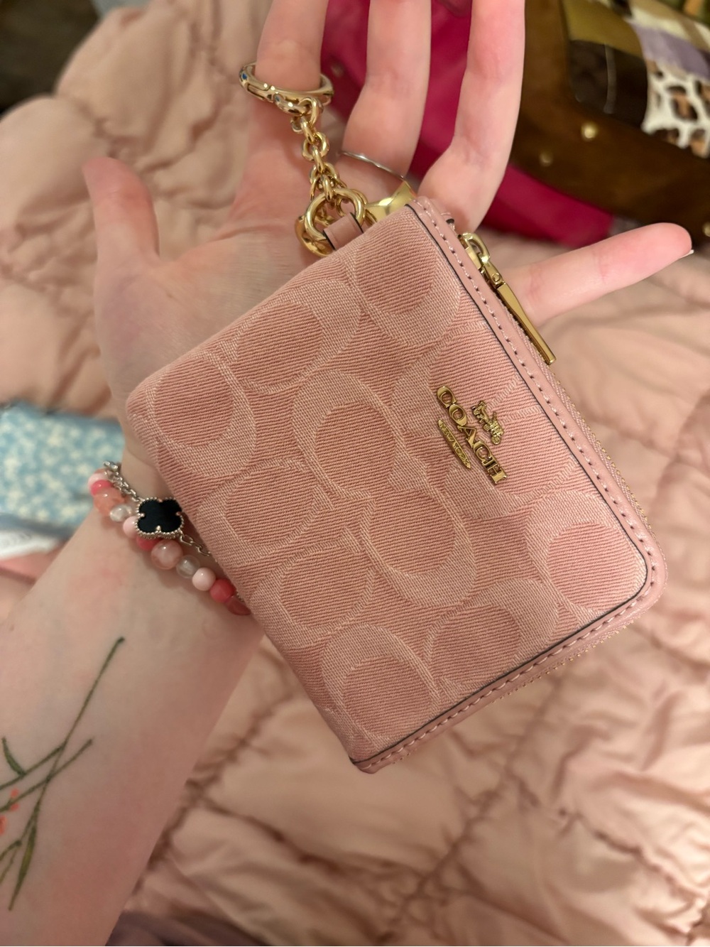Coach Pink Denim Signature Zip Card Case Wallet with Key Ring